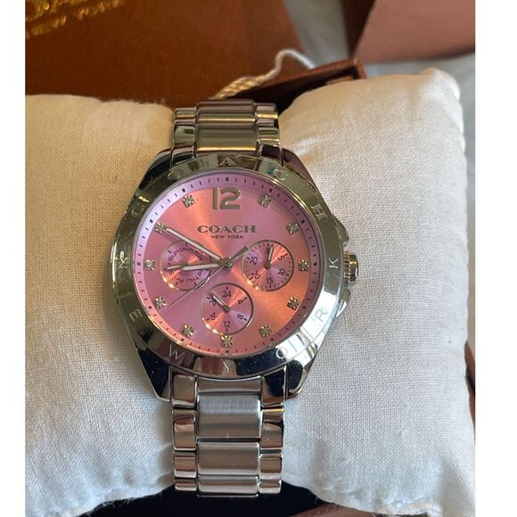 New Coach Chronograph Tristen Pink Face Silver Band Swarovski Crystal Watch $340 - Picture 1 of 10